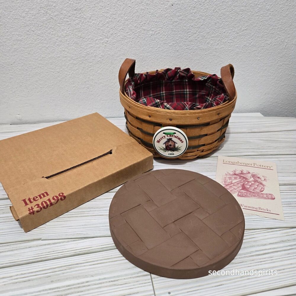 90's Longaberger Merry Christmas Button Basket w Fabric Liner Warming Brick